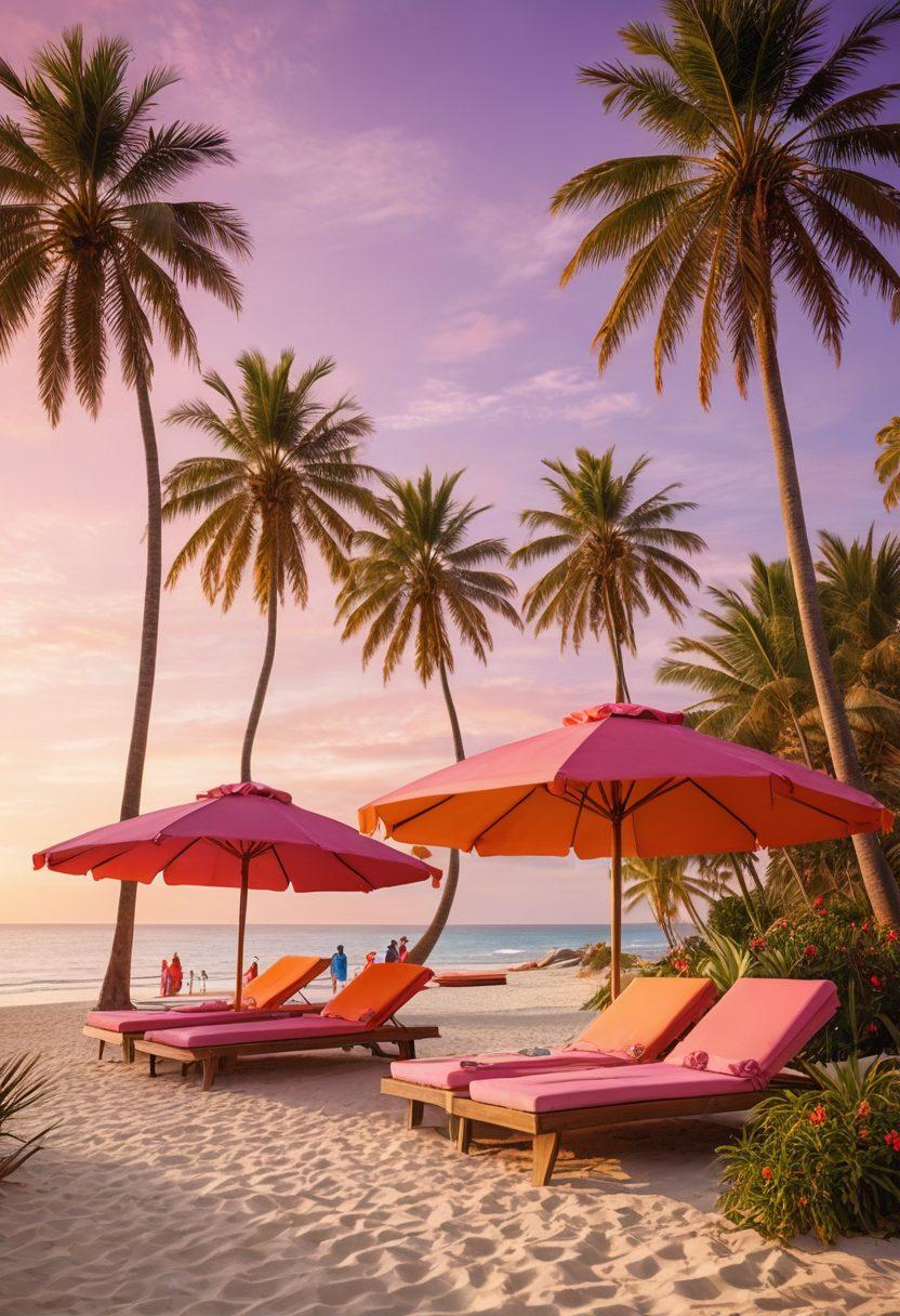 A luxurious beach scene featuring a diverse group of stylish individuals wearing elegant summer swimwear and beach outfits, basking in the sun. Include vibrant beach umbrellas, palm trees swaying gently, and a rich sunset in the background, conveying a sense of effortless glamour and relaxation. Emphasize flowing fabrics and bright colors to capture the essence of summer fashion. super-realistic. vibrant colors. 3D.