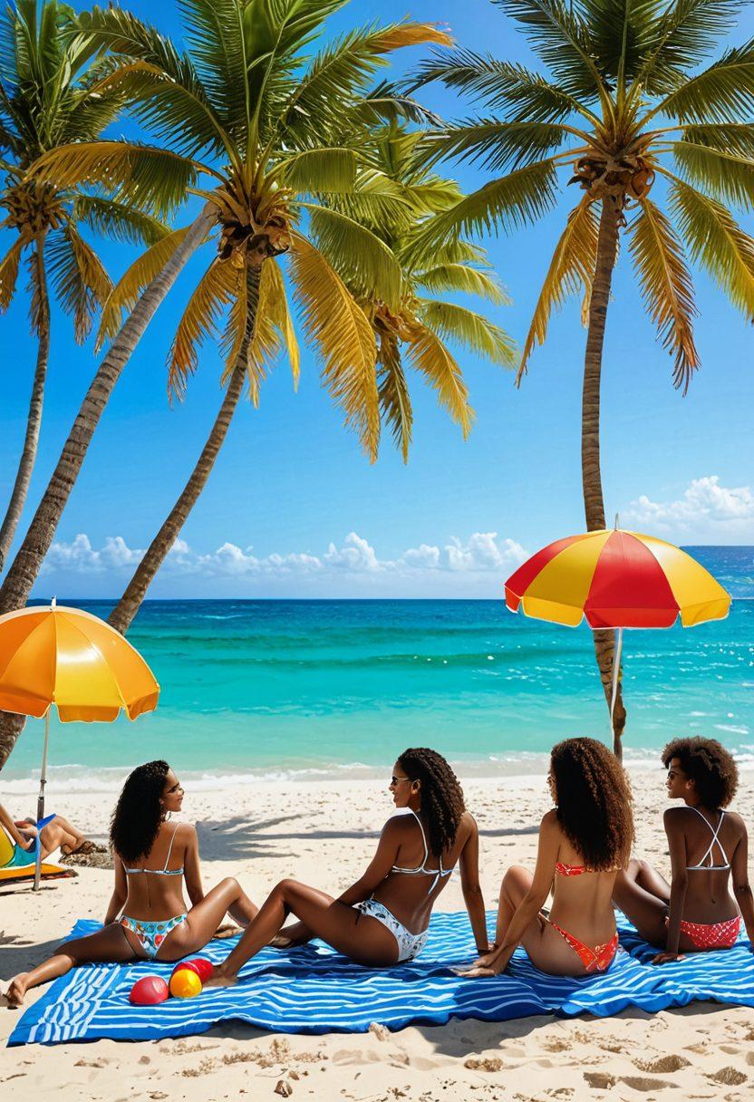 A sun-soaked beach scene showcasing diverse women in stylish bikinis and beach attire, surrounded by bright beach umbrellas and tropical palm trees. Include a backdrop of crystal-clear ocean waves and playful beach balls, embodying the vivacity of summer. The image should convey a fun, carefree atmosphere and emphasize various bikini styles and vibrant colors. super-realistic. vibrant colors. summery vibes.