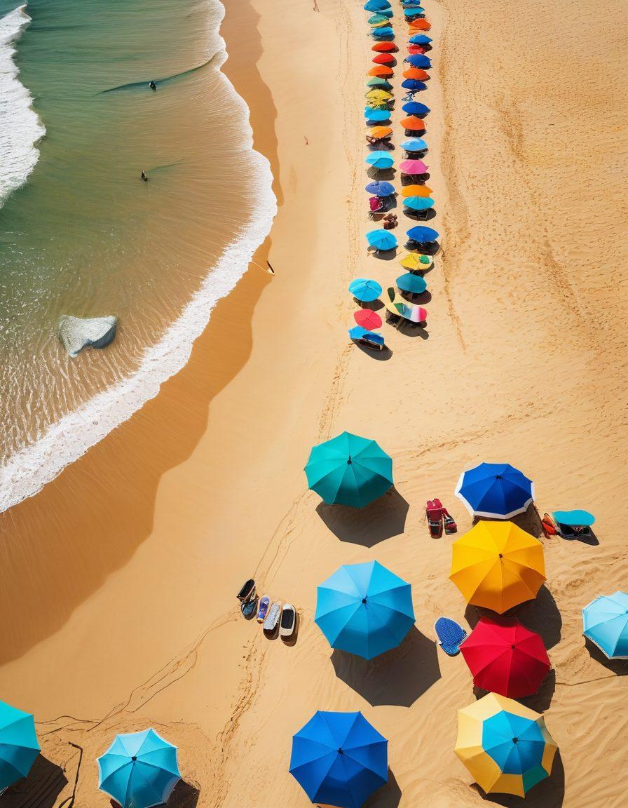 A vibrant beach scene showcasing diverse beachgoers in trendy swimwear, colorful umbrellas dotting the shoreline, and surfboards leaning against a sandy dune. The backdrop features a bright blue ocean with gentle waves and a clear sunny sky. Incorporate beach accessories like stylish sunglasses and wide-brimmed hats to signify the latest trends. The atmosphere should radiate summer joy and relaxation. vibrant colors. super-realistic.